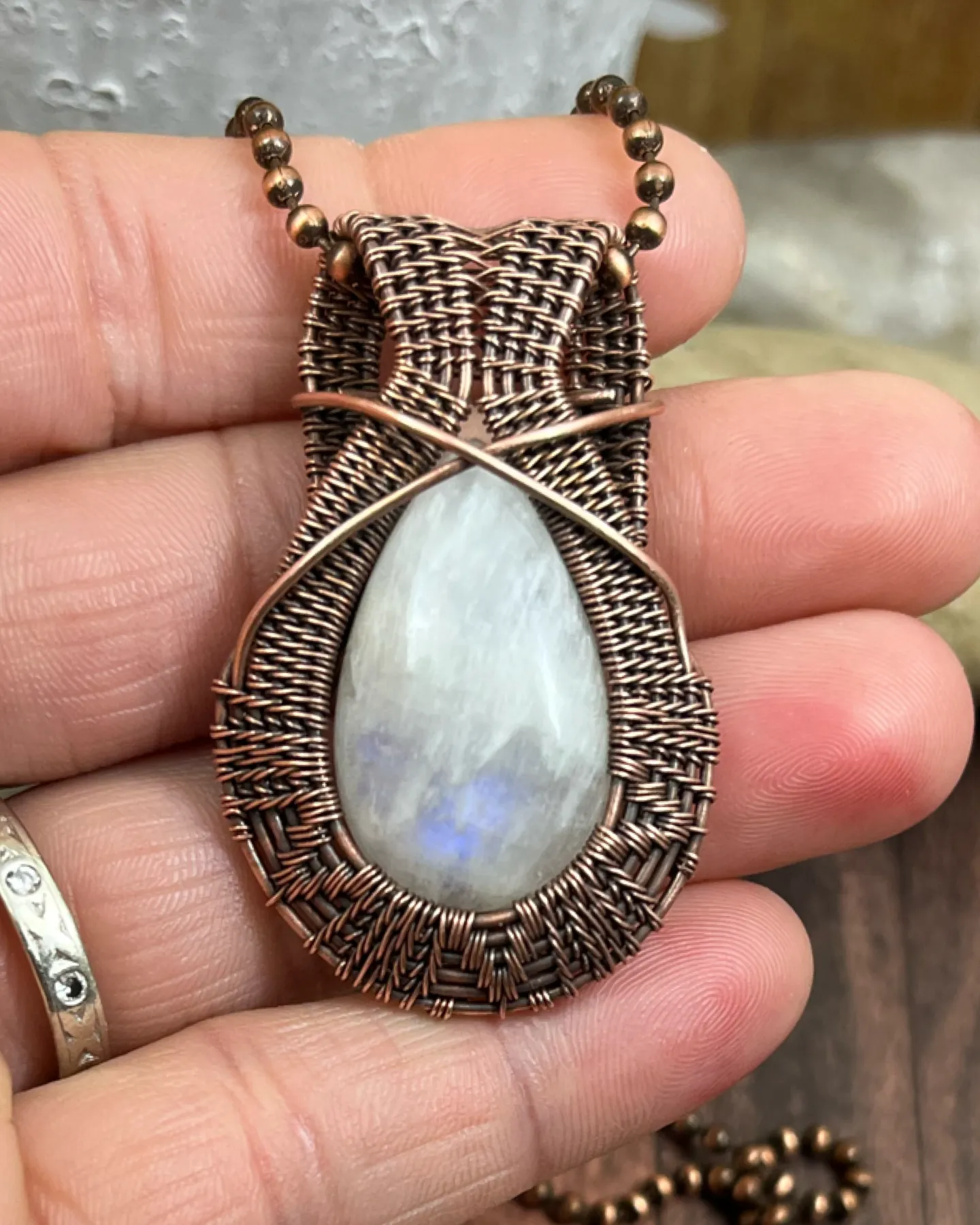 Oxidized Copper Wire Woven Blue Flash Moonstone Pendant