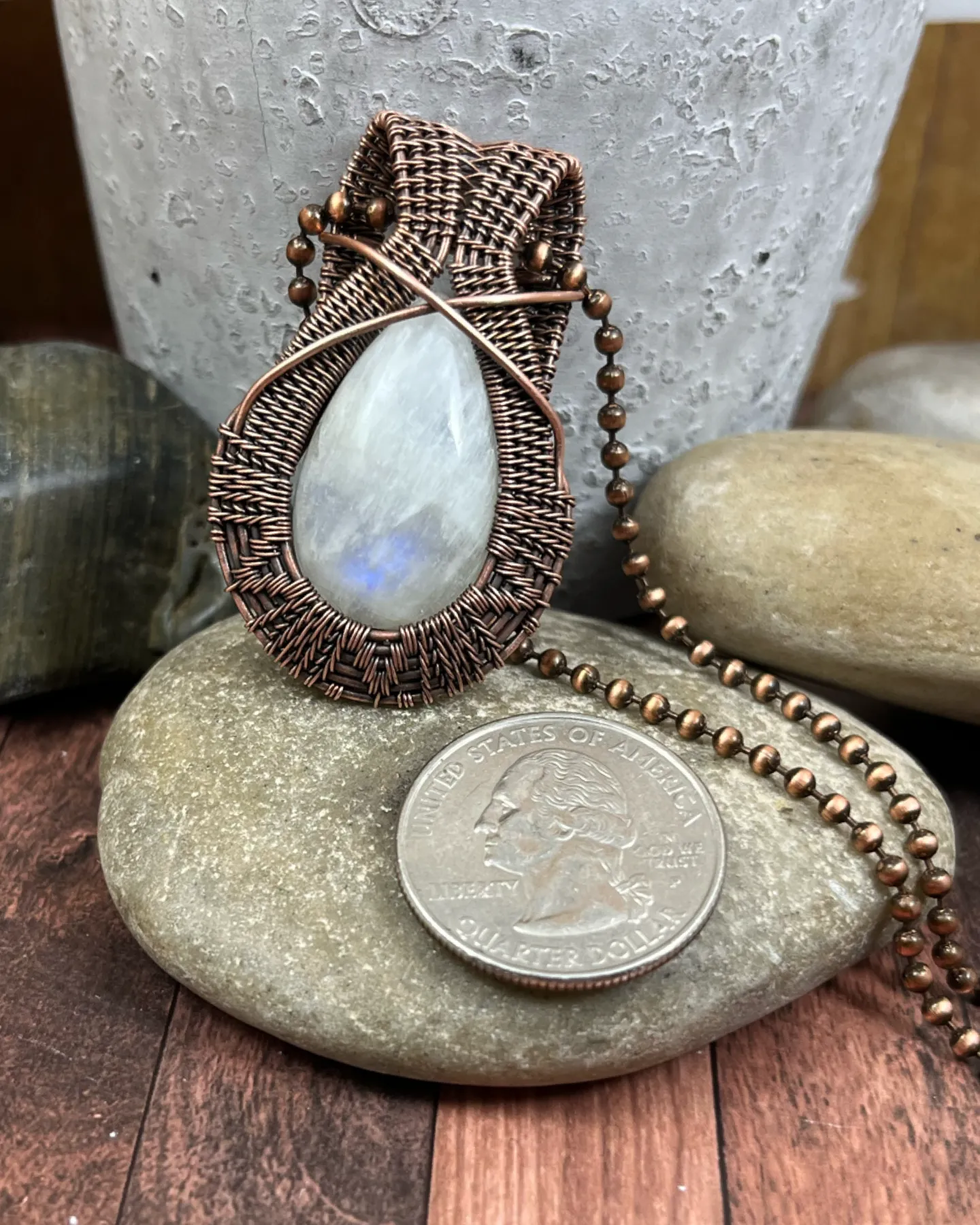 Oxidized Copper Wire Woven Blue Flash Moonstone Pendant