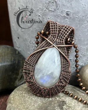 Oxidized Copper Wire Woven Blue Flash Moonstone Pendant