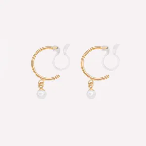 PEARL DANGLE HUGGIE HOOP CLIP-ON EARRINGS IN GOLD