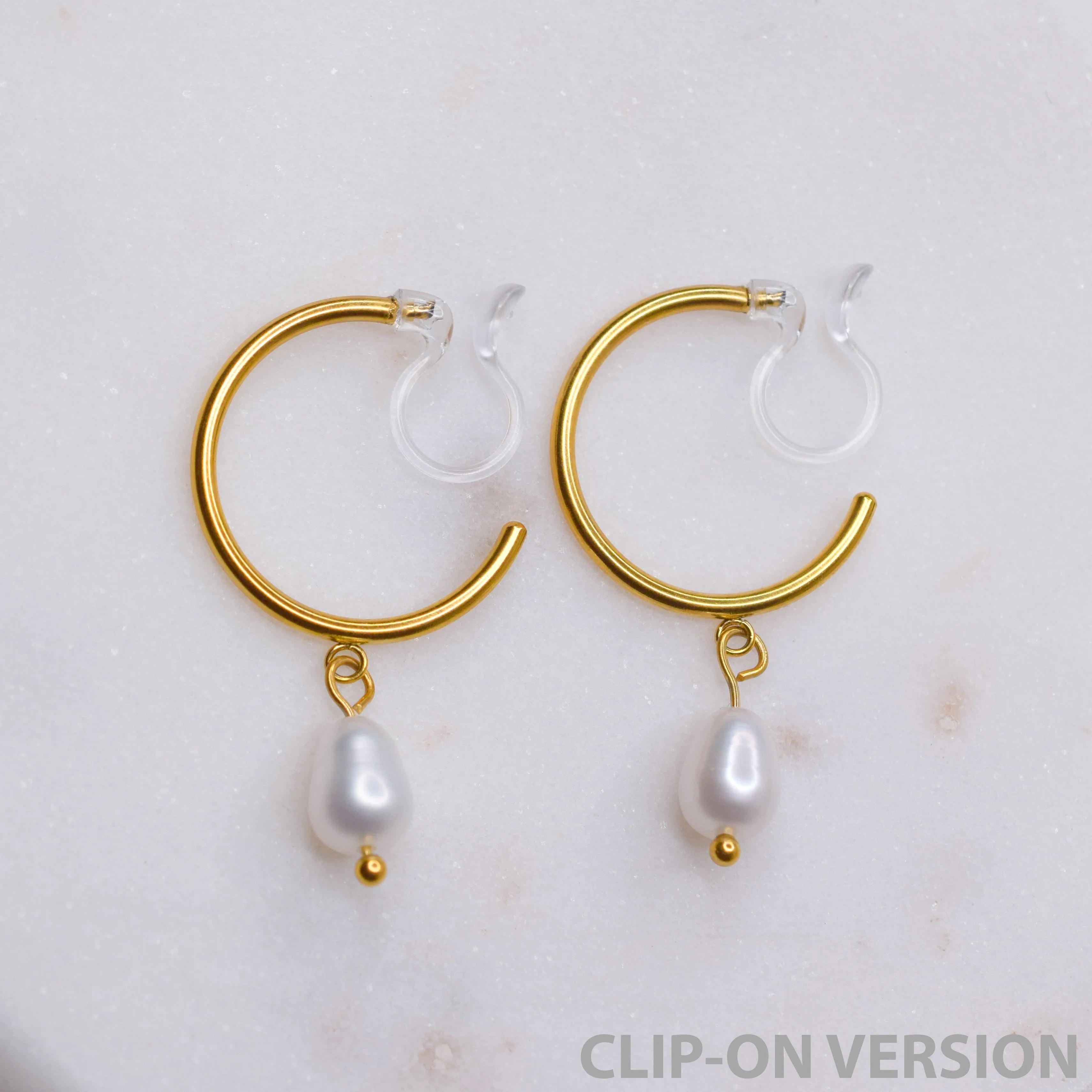 PEARL DANGLE SMALL HOOP CLIP-ON EARRINGS IN GOLD