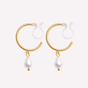 PEARL DANGLE SMALL HOOP CLIP-ON EARRINGS IN GOLD