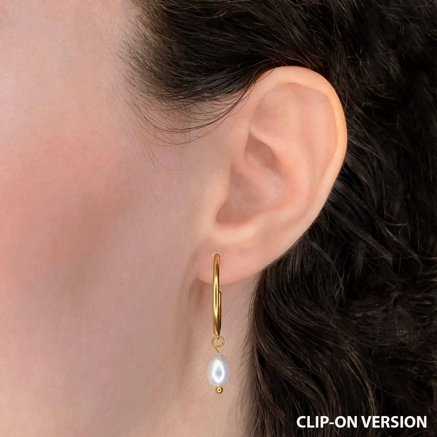 PEARL DANGLE SMALL HOOP CLIP-ON EARRINGS IN GOLD