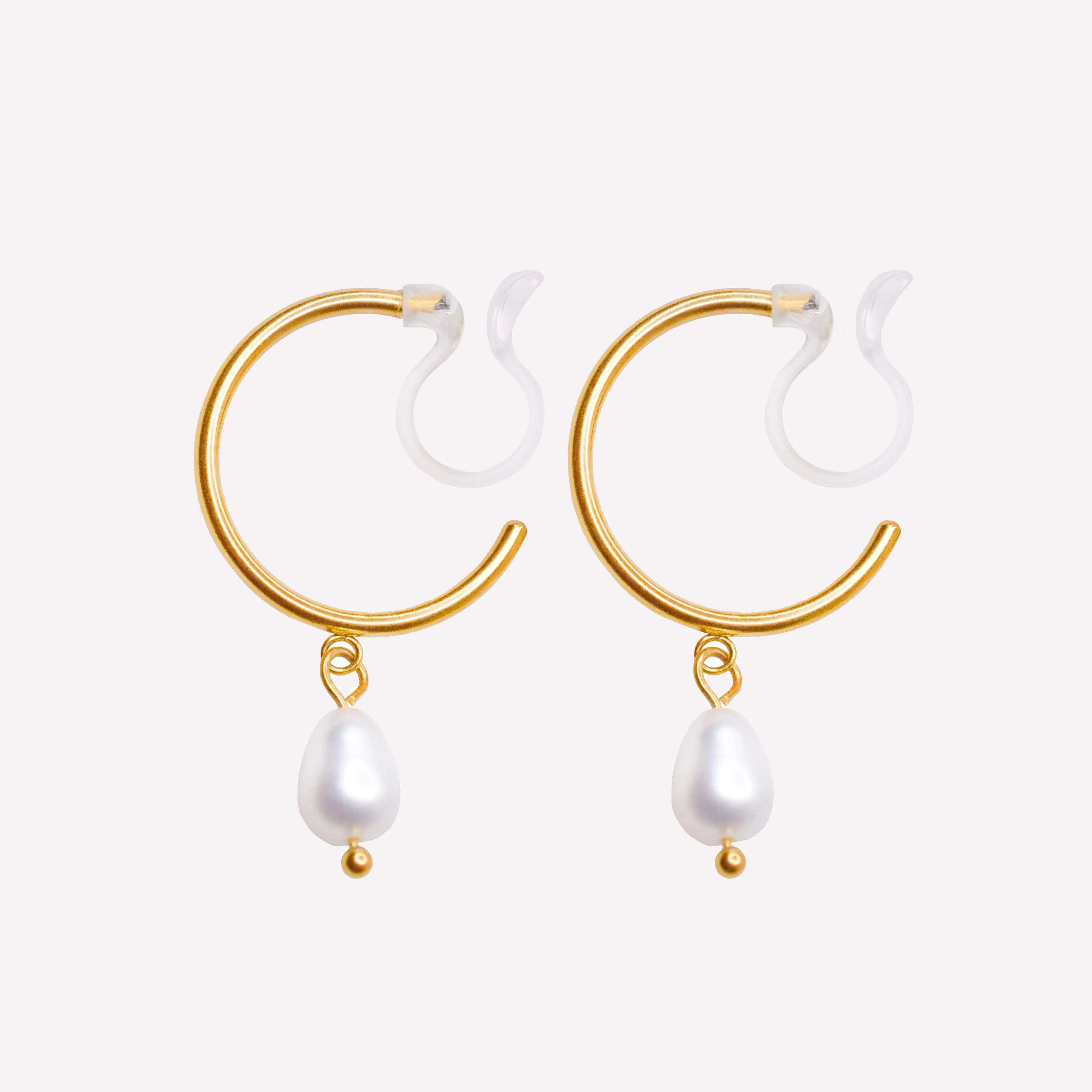 PEARL DANGLE SMALL HOOP CLIP-ON EARRINGS IN GOLD