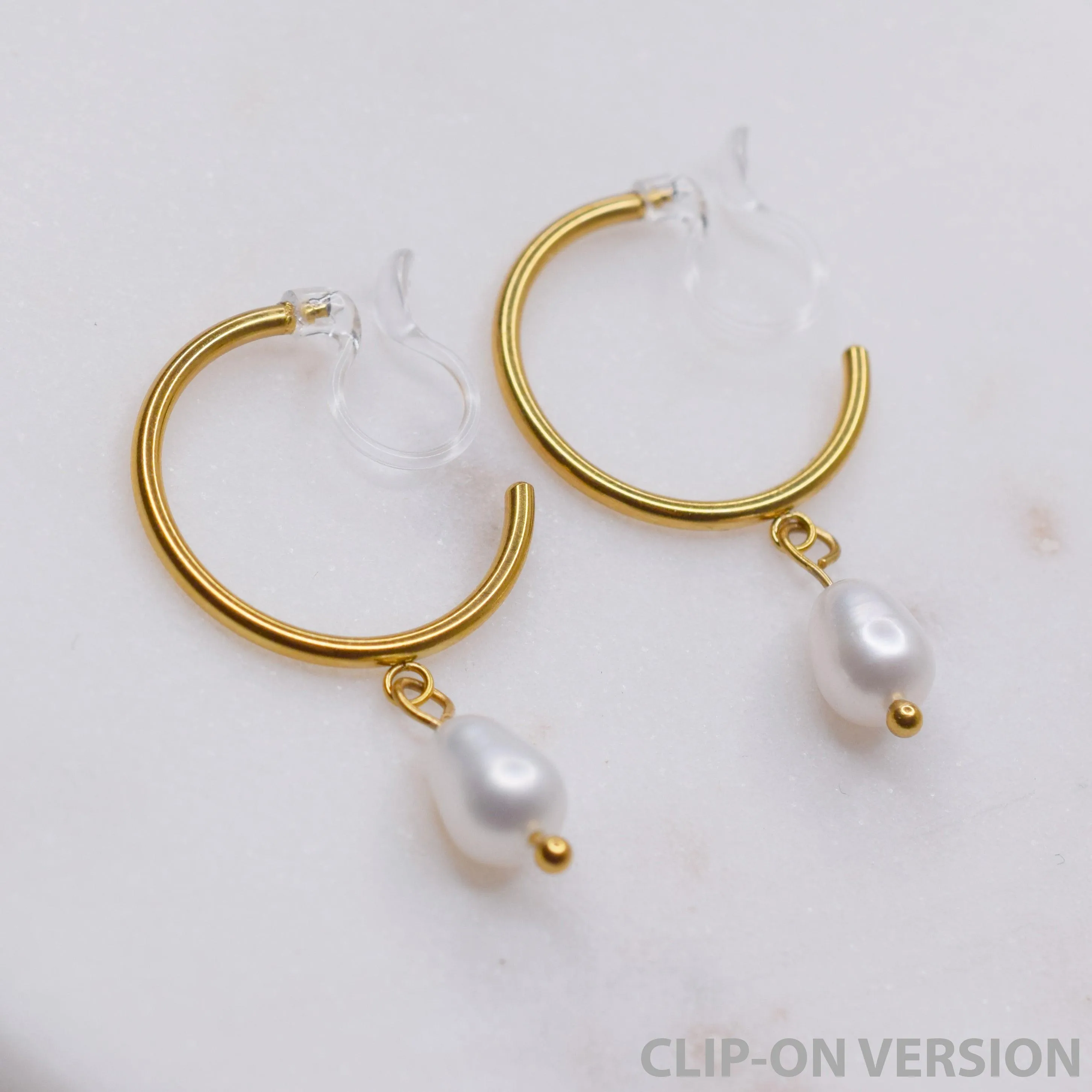 PEARL DANGLE SMALL HOOP CLIP-ON EARRINGS IN GOLD