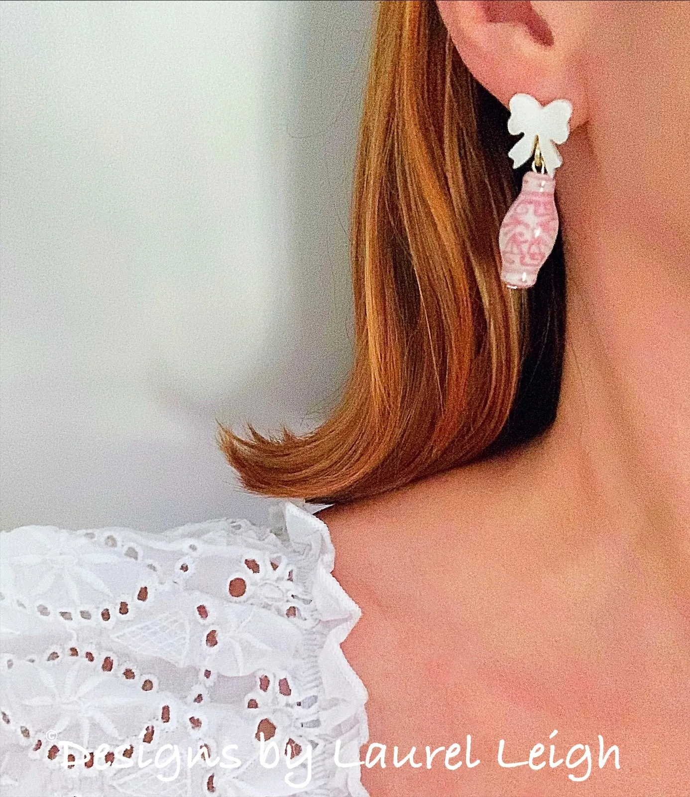 Pink Ginger Jar Pearl Bow Earrings