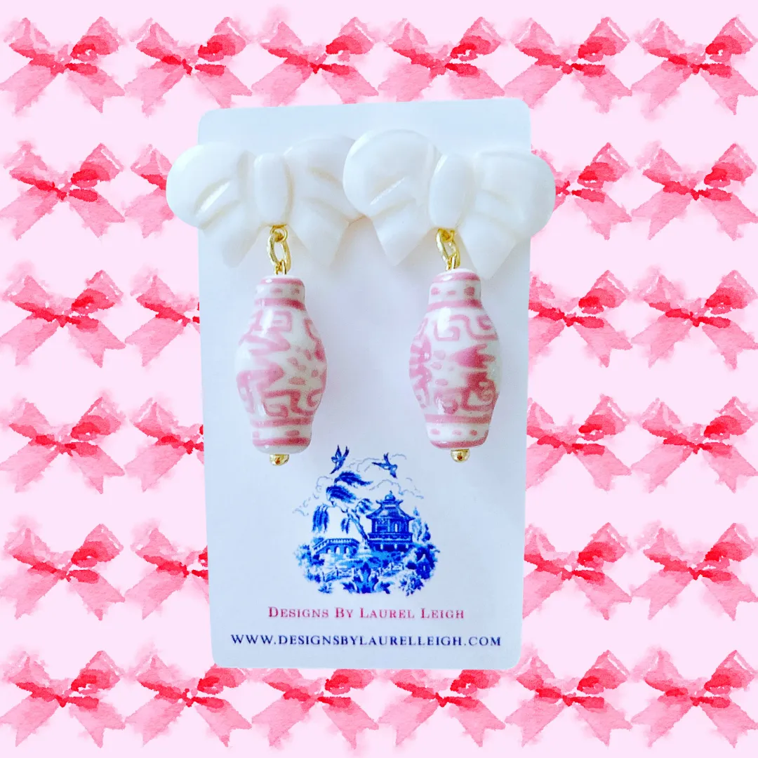 Pink Ginger Jar Pearl Bow Earrings