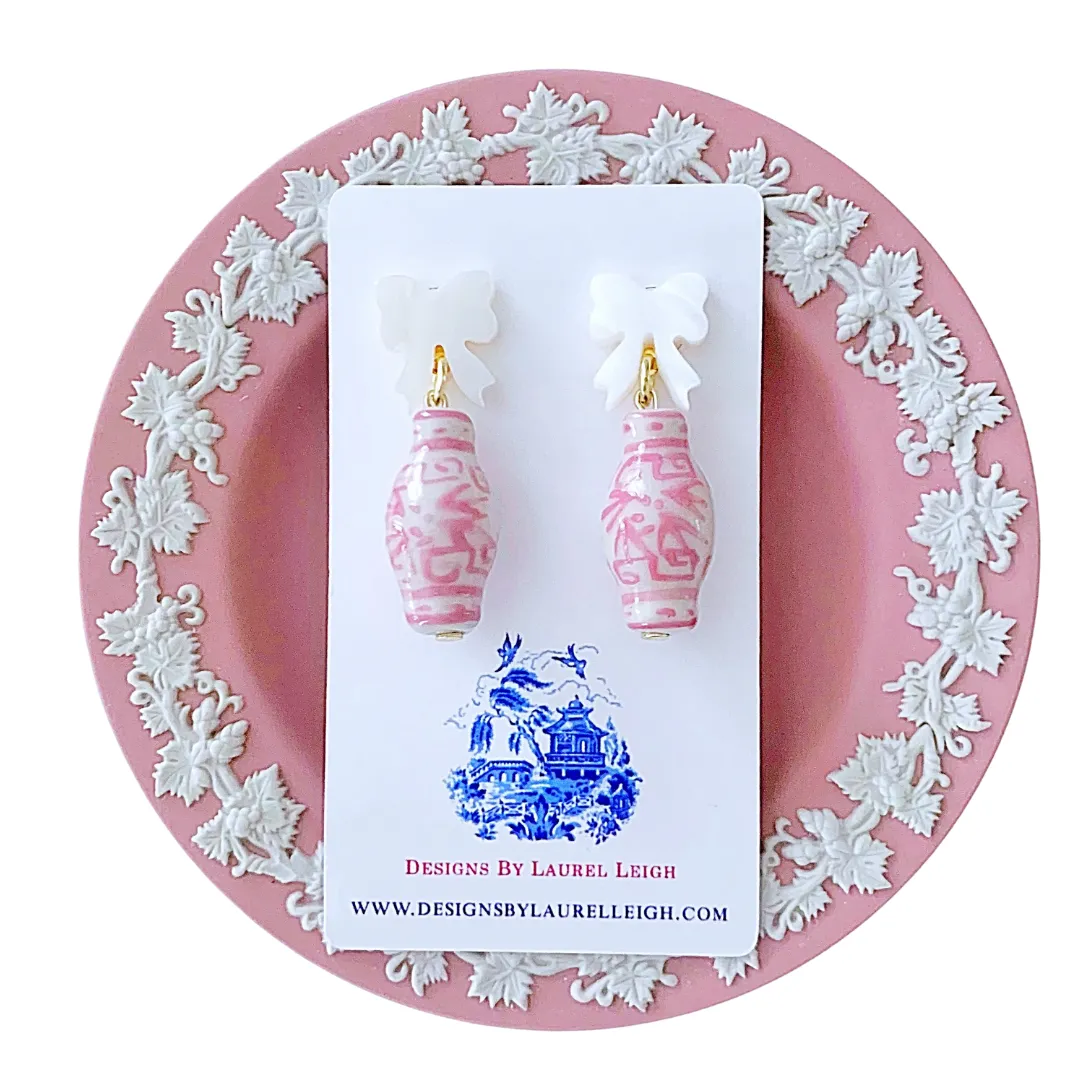 Pink Ginger Jar Pearl Bow Earrings