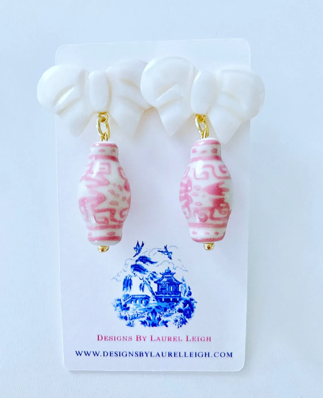 Pink Ginger Jar Pearl Bow Earrings