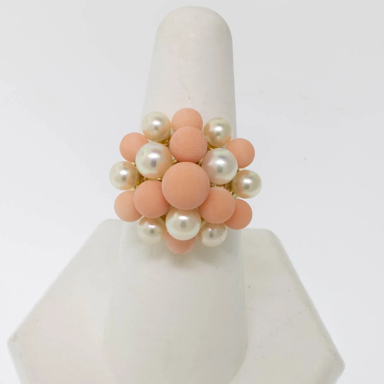 Pre-Owned 14K Yellow Gold Pink Coral & Cultured Pearl Ring, Size 7.25, 5.2 DWT