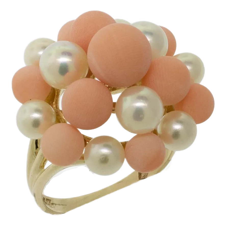 Pre-Owned 14K Yellow Gold Pink Coral & Cultured Pearl Ring, Size 7.25, 5.2 DWT