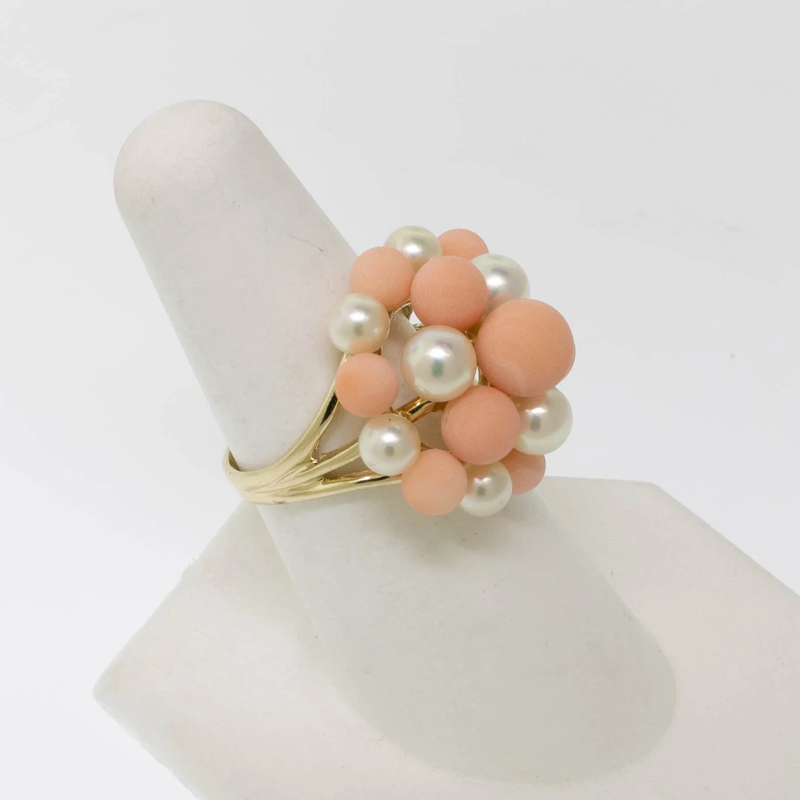 Pre-Owned 14K Yellow Gold Pink Coral & Cultured Pearl Ring, Size 7.25, 5.2 DWT