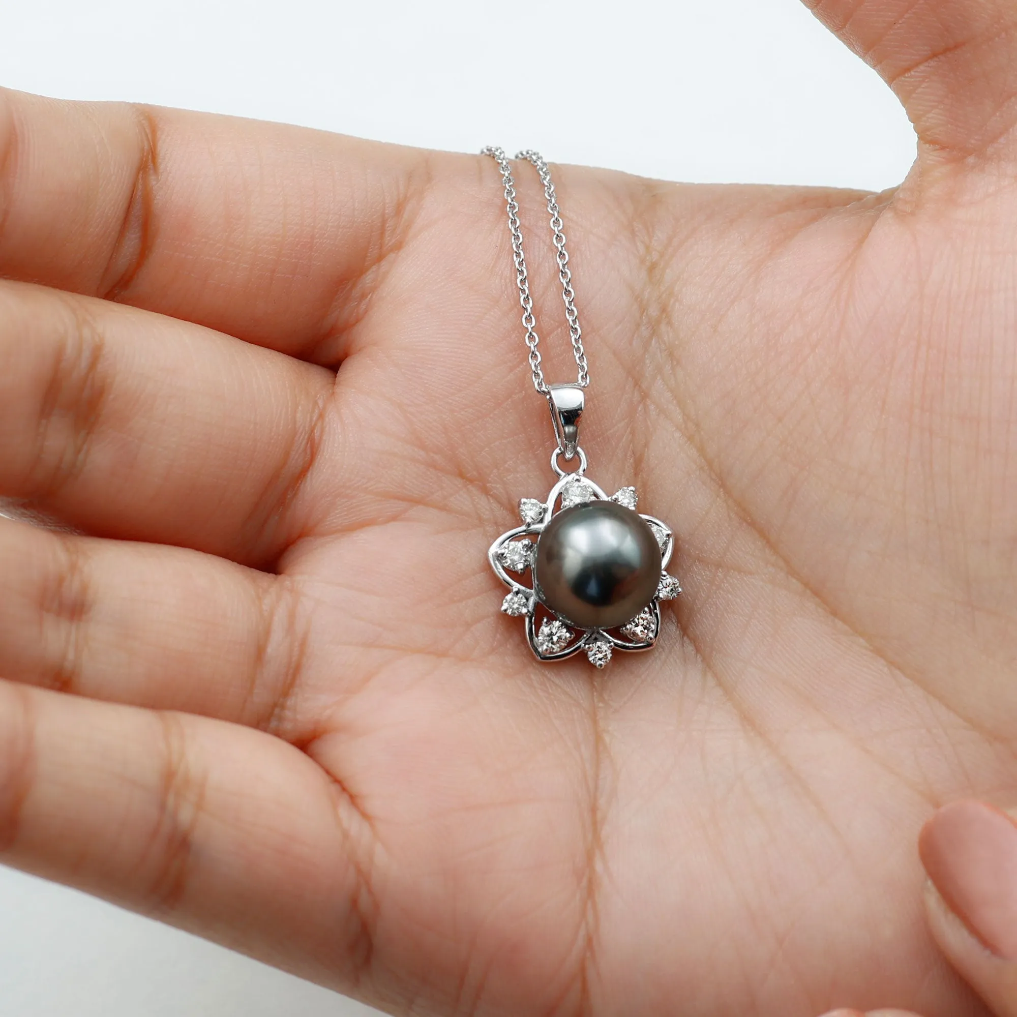 Real Tahitian Pearl and Diamond Star Pendant Necklace