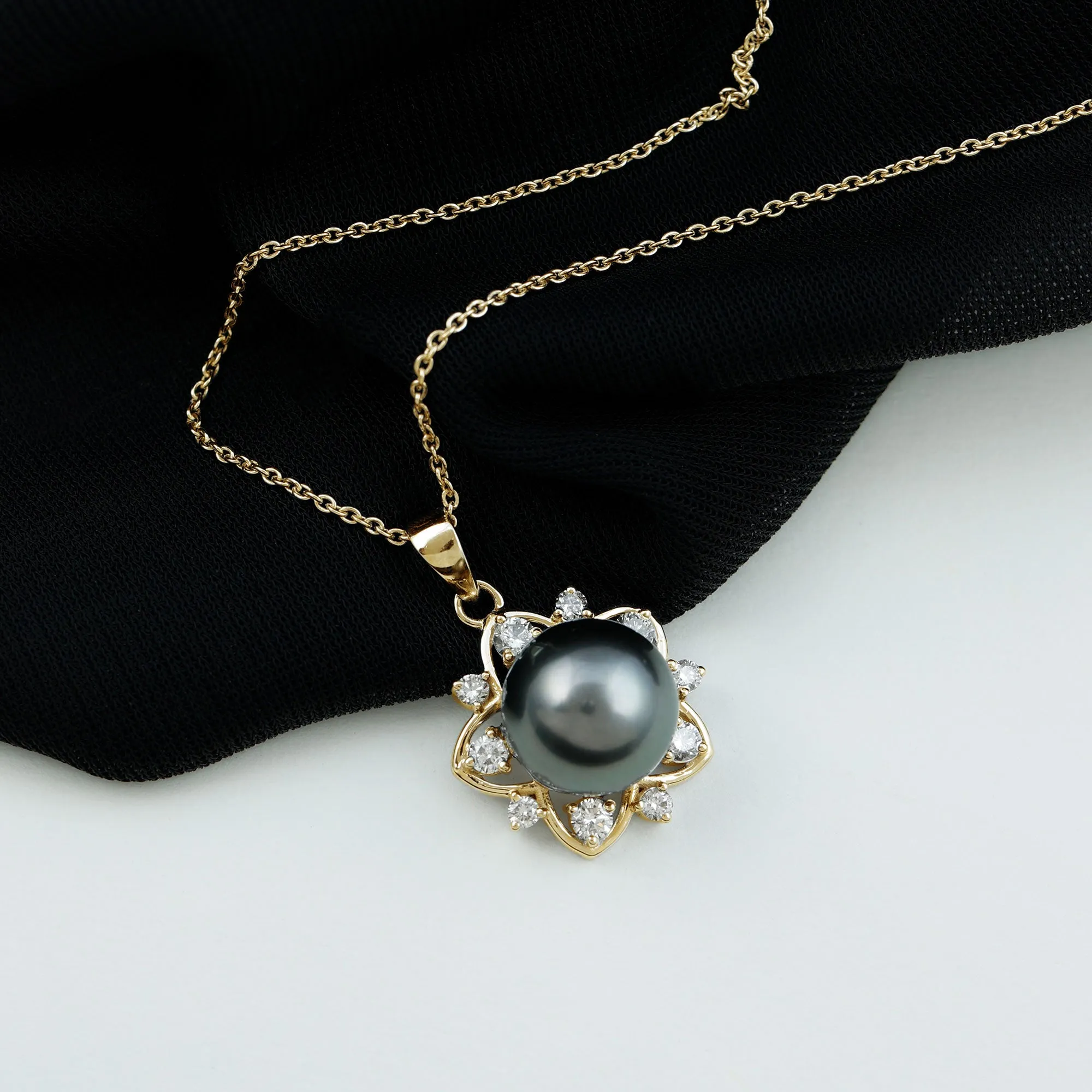 Real Tahitian Pearl and Diamond Star Pendant Necklace