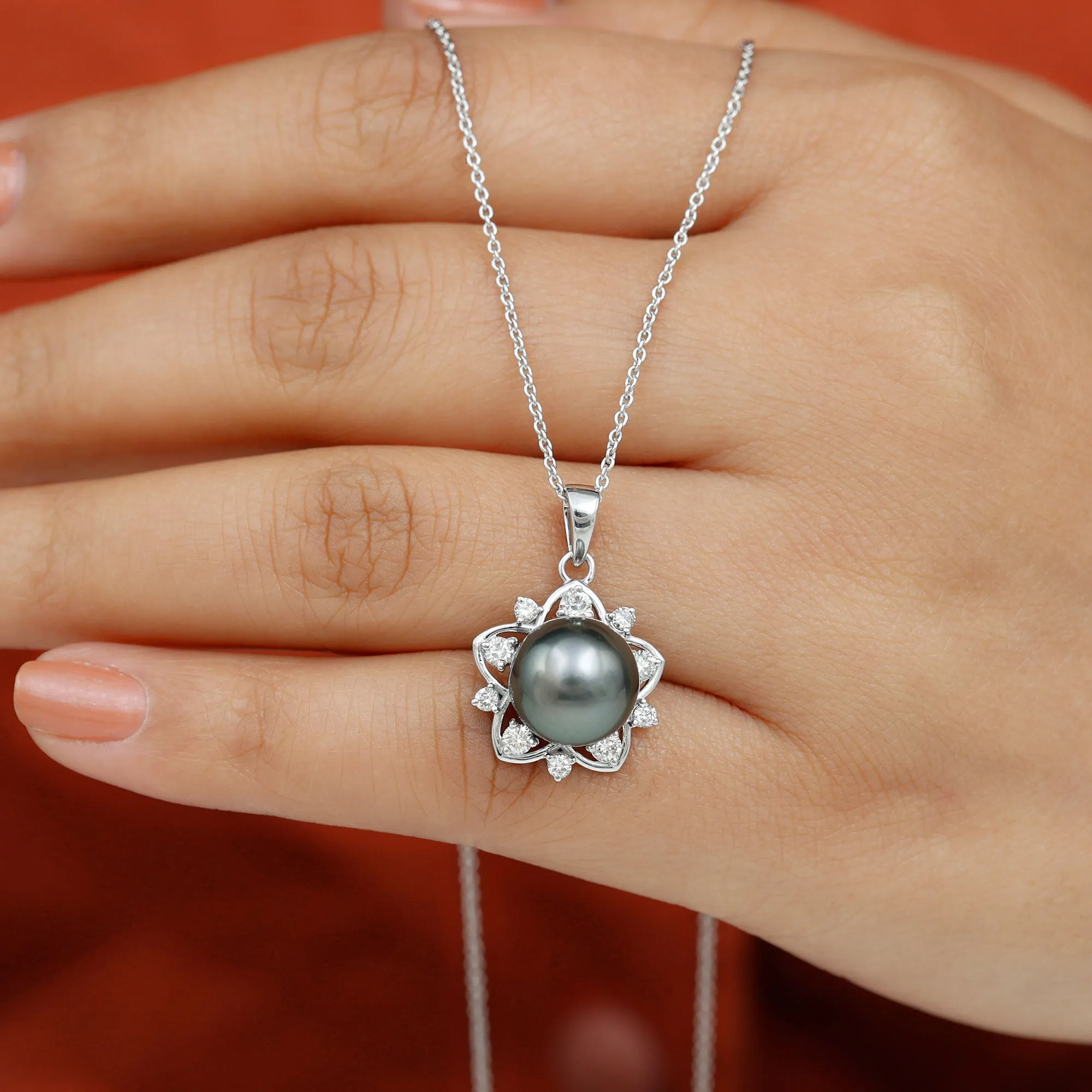 Real Tahitian Pearl and Diamond Star Pendant Necklace