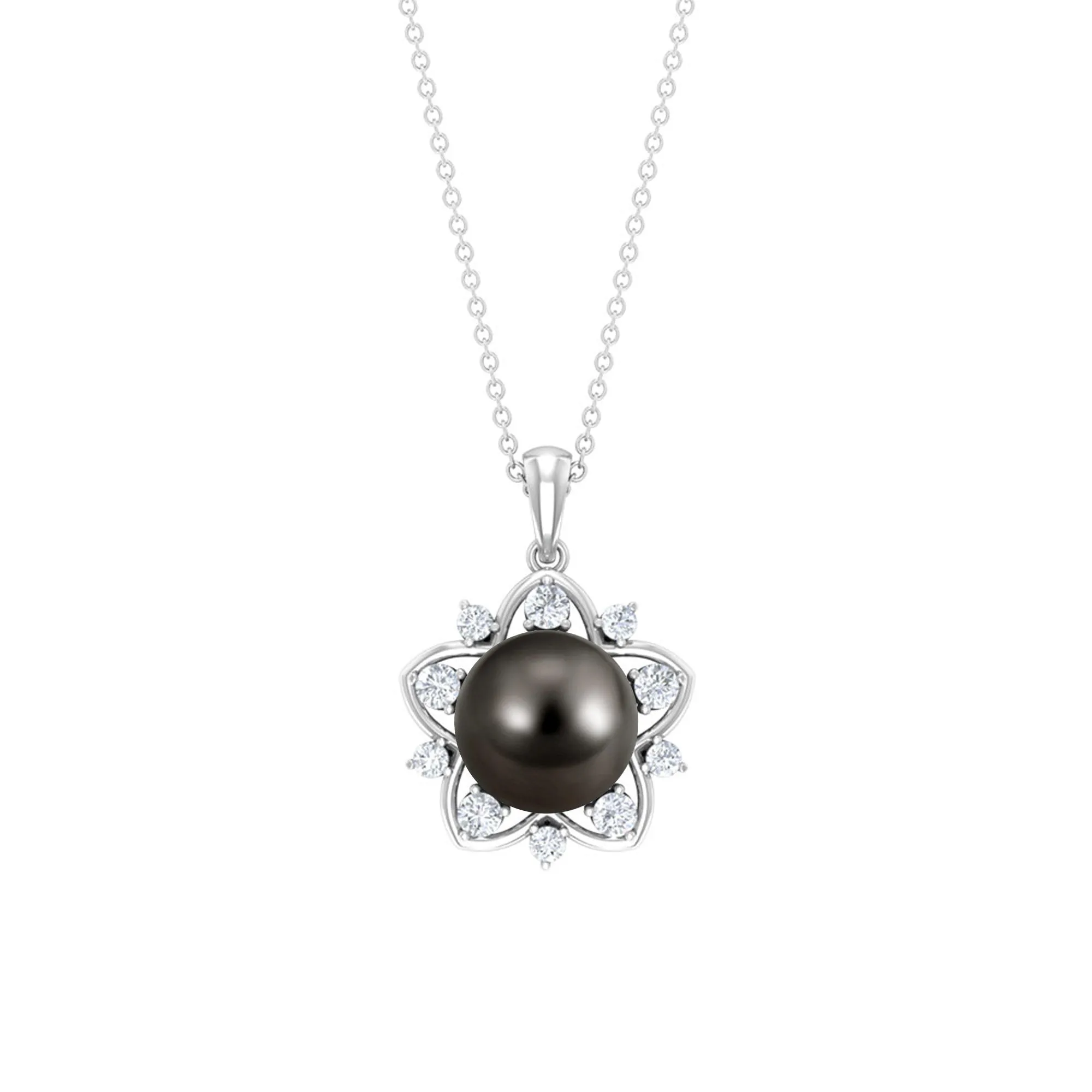 Real Tahitian Pearl and Diamond Star Pendant Necklace