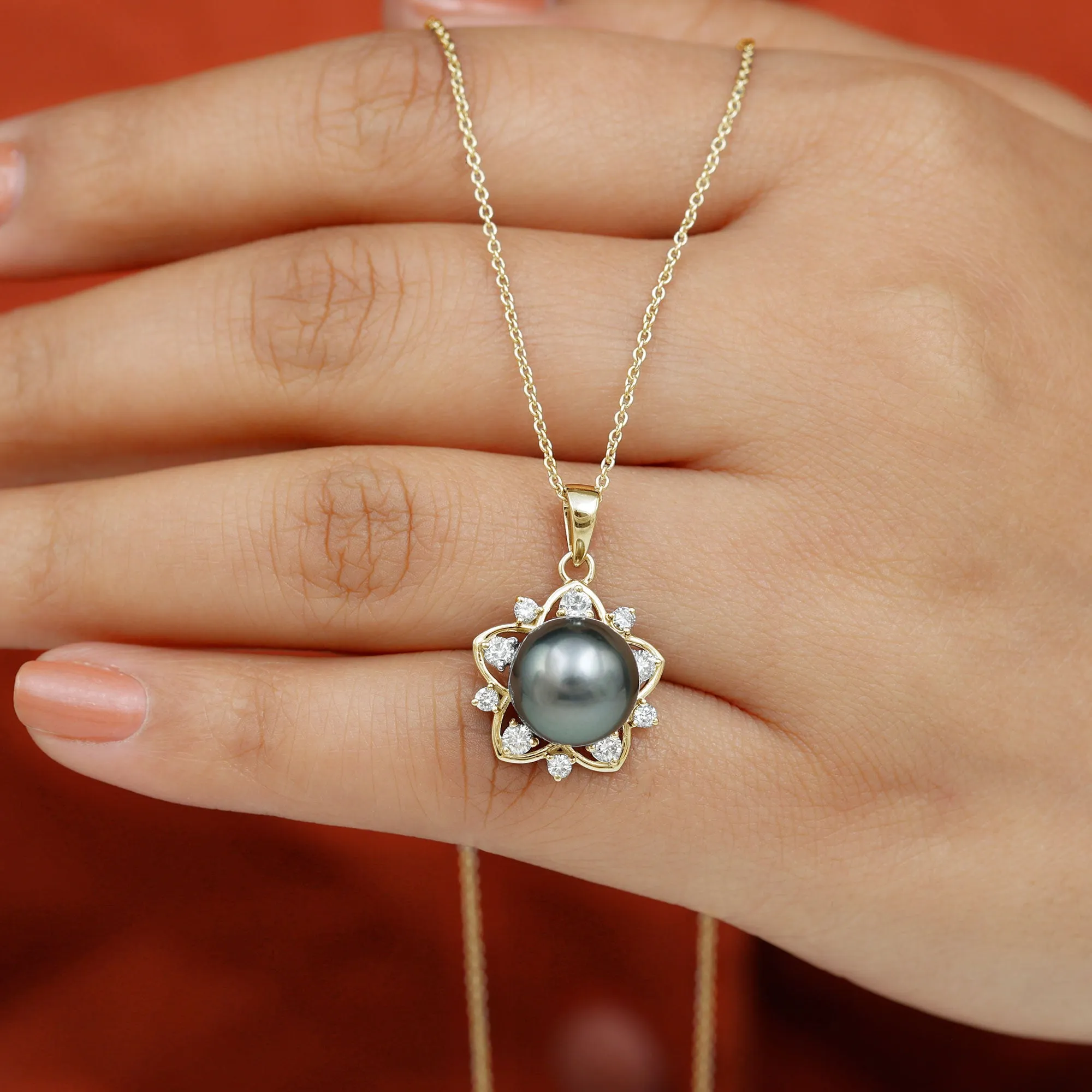 Real Tahitian Pearl and Diamond Star Pendant Necklace