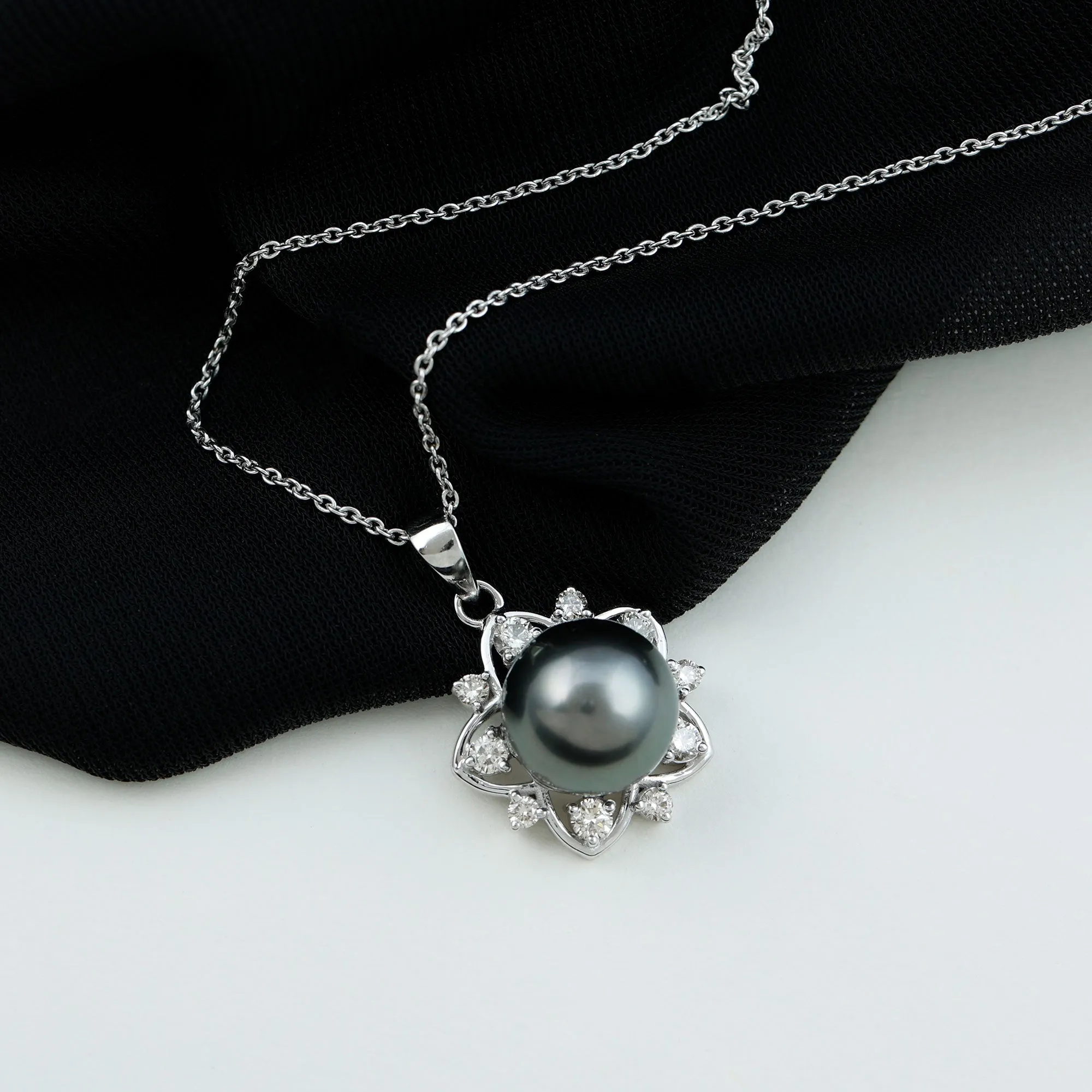 Real Tahitian Pearl and Diamond Star Pendant Necklace