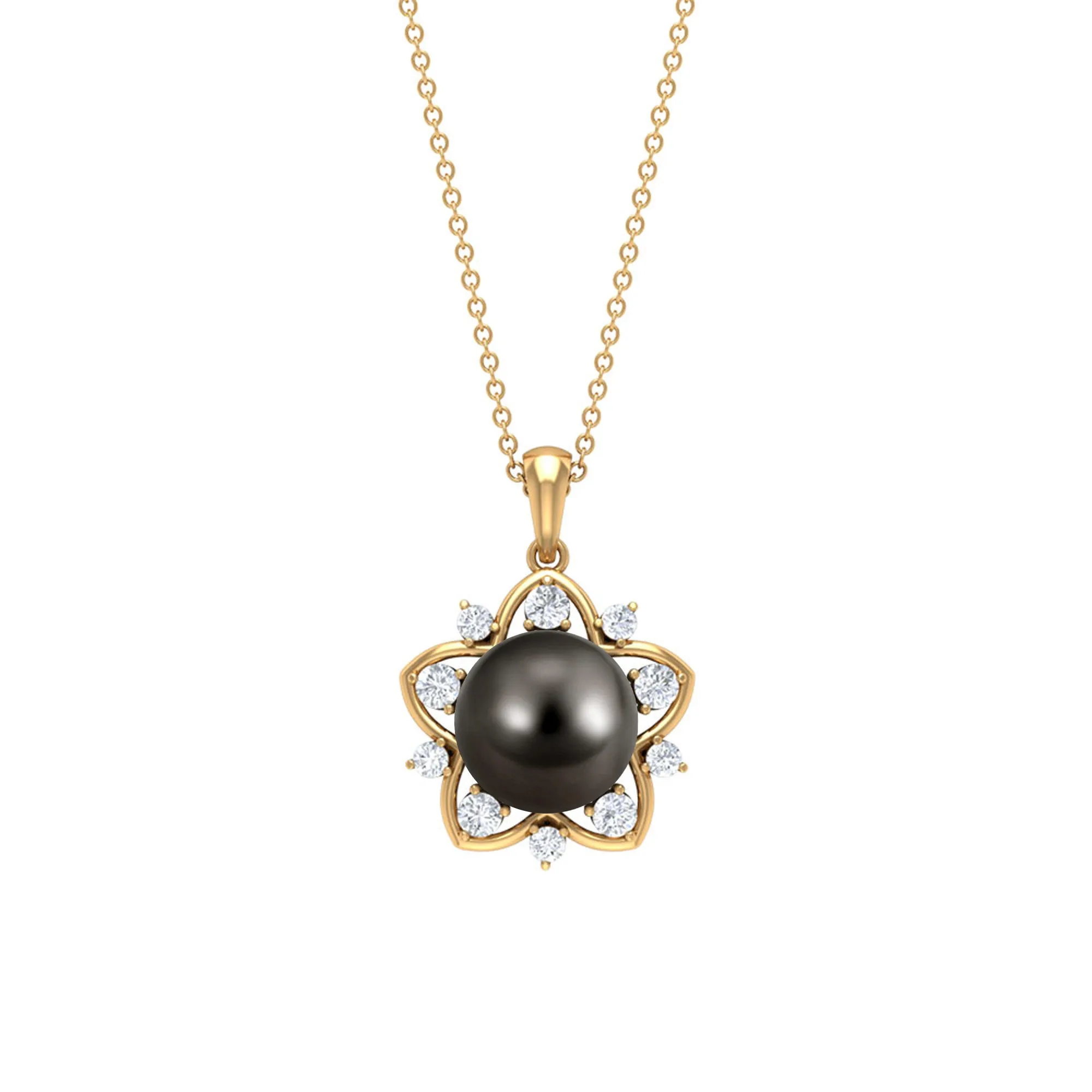 Real Tahitian Pearl and Diamond Star Pendant Necklace