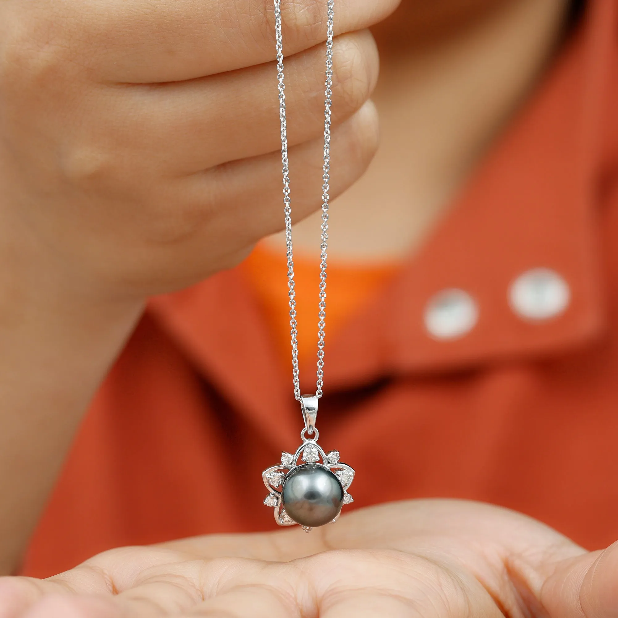Real Tahitian Pearl and Diamond Star Pendant Necklace