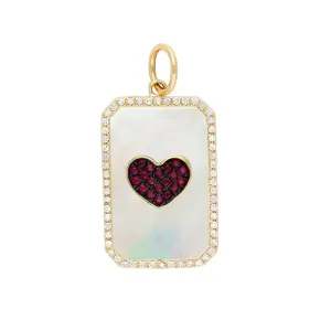Rectangle Diamond & Mother of Pearl Ruby Heart Pendant 24x10mm