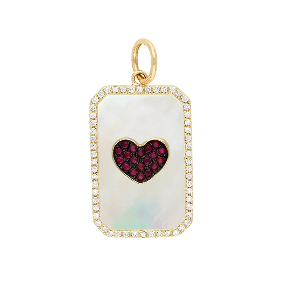 Rectangle Diamond & Mother of Pearl Ruby Heart Pendant 24x10mm
