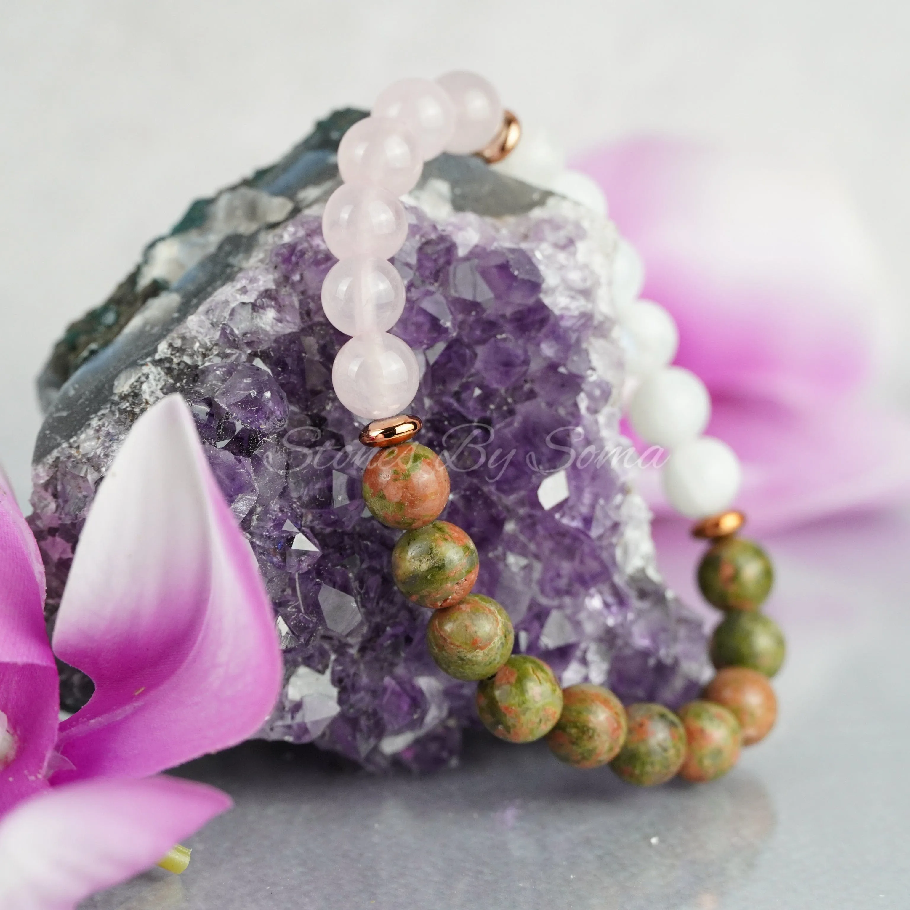Rose Quartz, Moonstone & Unakite