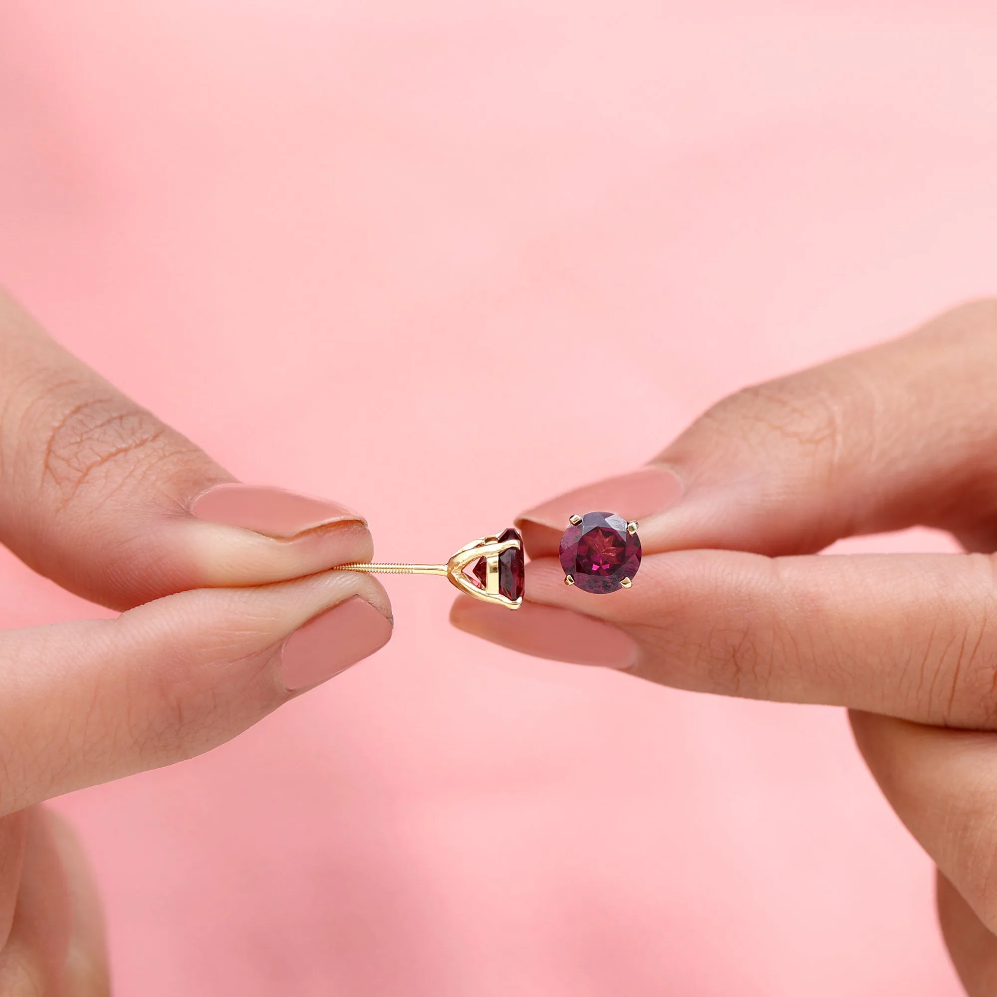 Round Rhodolite Solitaire Stud Earrings in Square Prong Setting