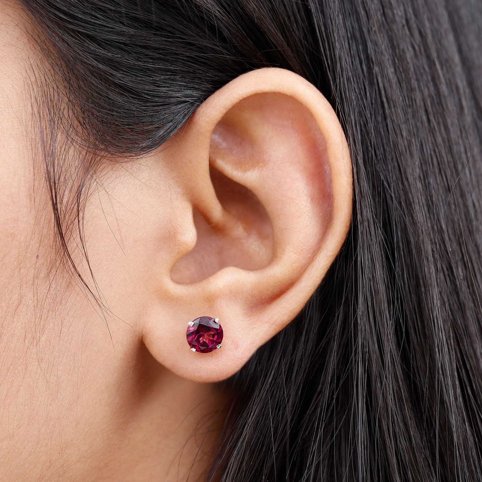 Round Rhodolite Solitaire Stud Earrings in Square Prong Setting