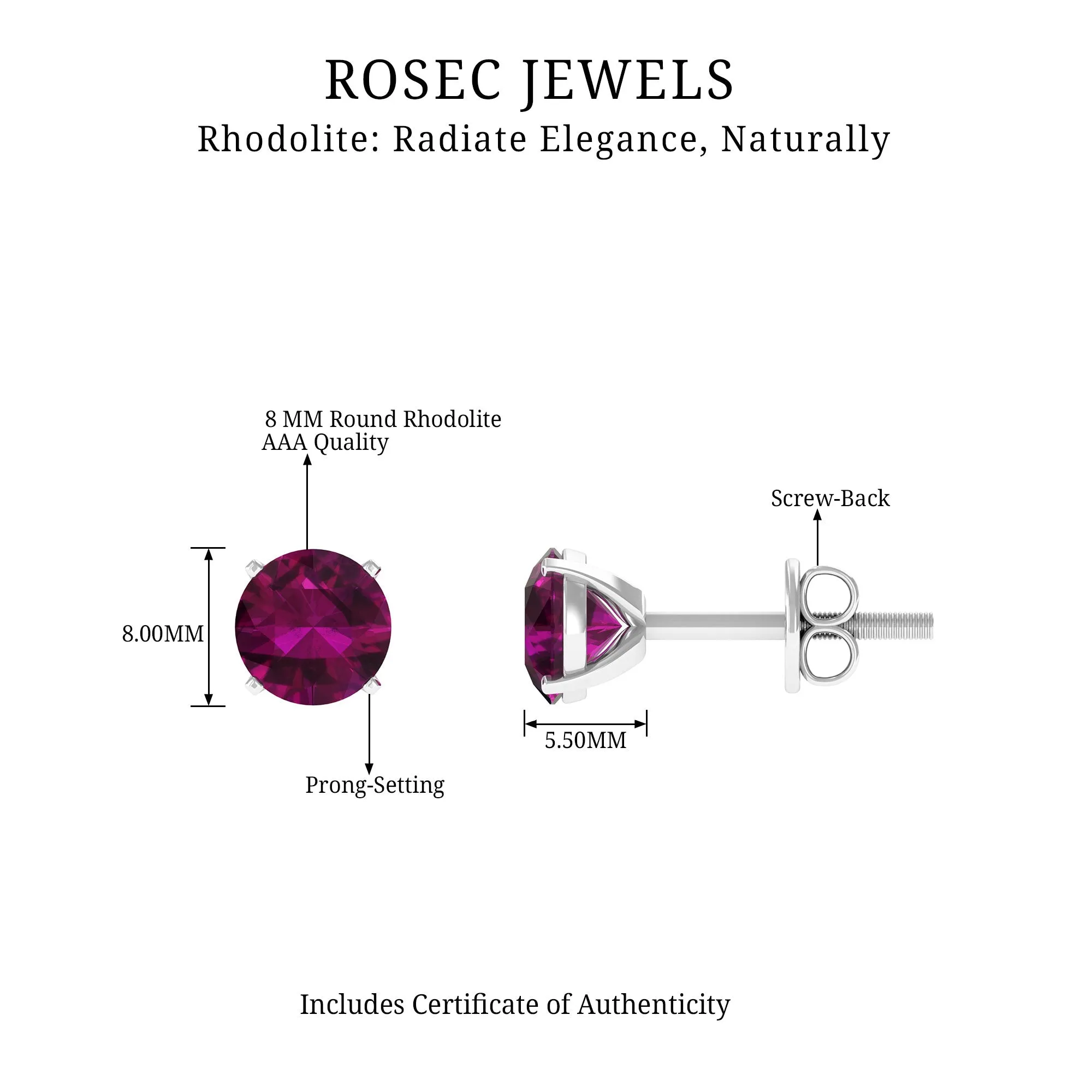Round Rhodolite Solitaire Stud Earrings in Square Prong Setting