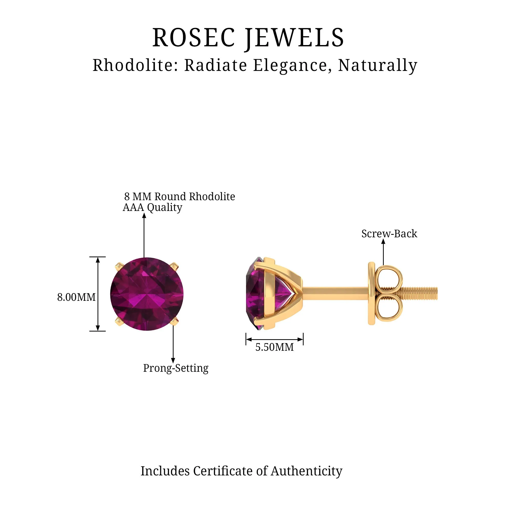 Round Rhodolite Solitaire Stud Earrings in Square Prong Setting