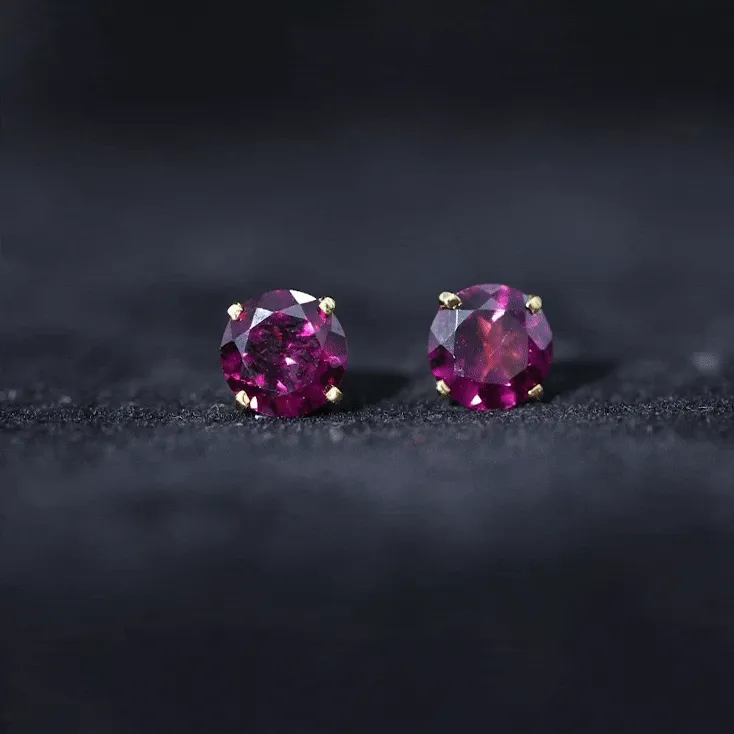 Round Rhodolite Solitaire Stud Earrings in Square Prong Setting