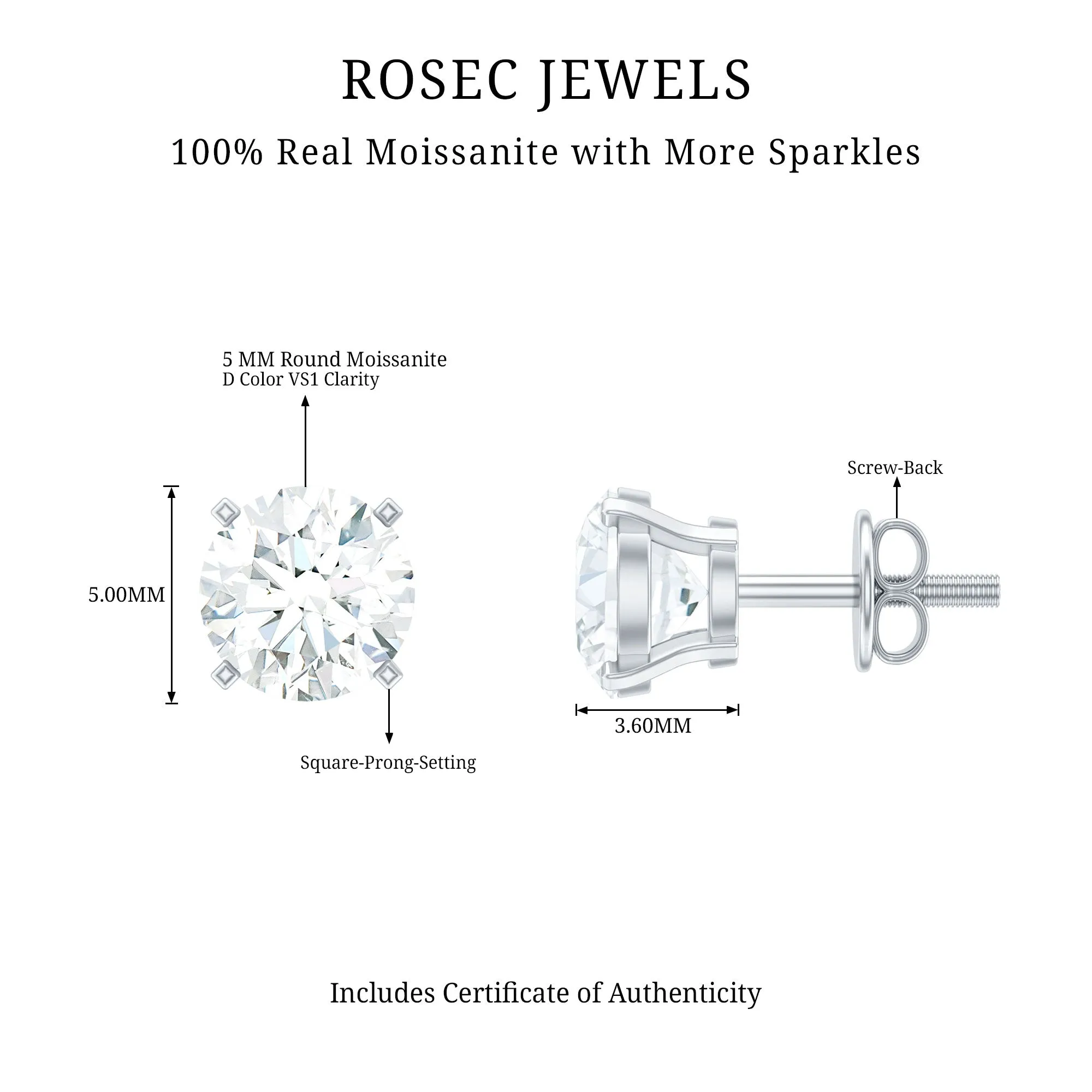 Round Shape Moissanite Solitaire Stud Earrings