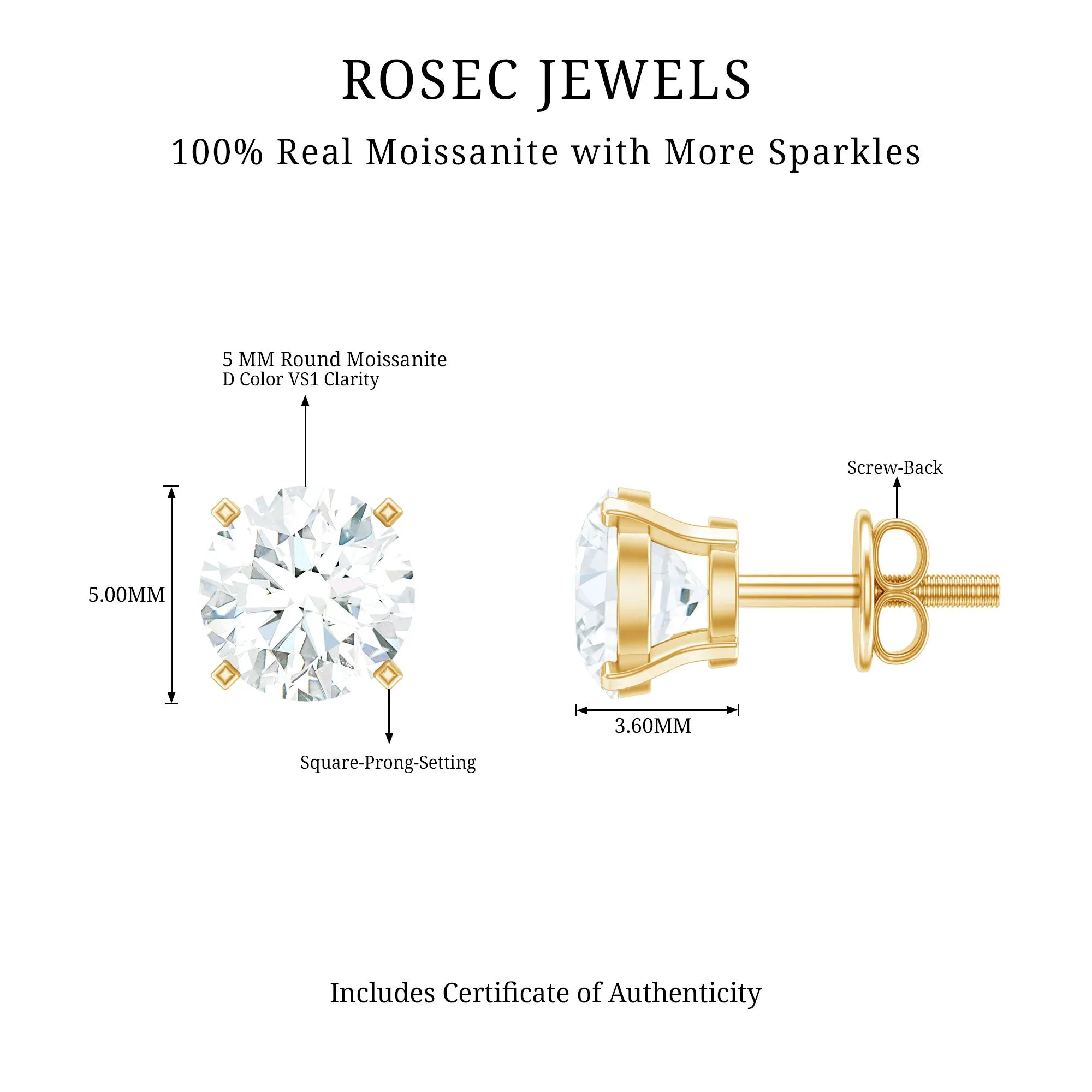 Round Shape Moissanite Solitaire Stud Earrings