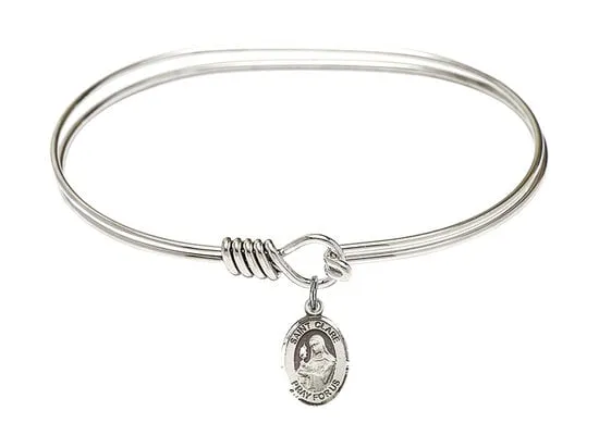 Saint Clare of Assisi Sterling Silver Charm on a 7 inch Oval Eye Hook Rhodium Bangle Bracelet