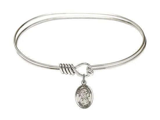 Saint Colette Sterling Silver Charm on a 7 inch Oval Eye Hook Rhodium Bangle Bracelet