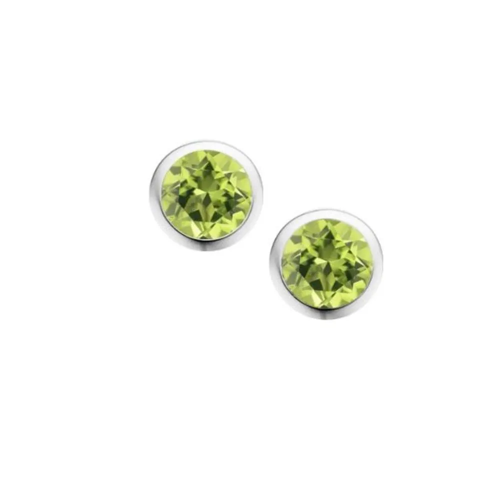 Silver and Peridot 4mm round stud earrings in rubover setting