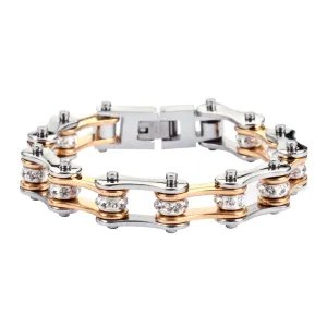 SK1196 1/2" Wide Two Tone Silver Gold With White Crystal Centers Stainless Steel Motorcycle Bike Chain Bracelet