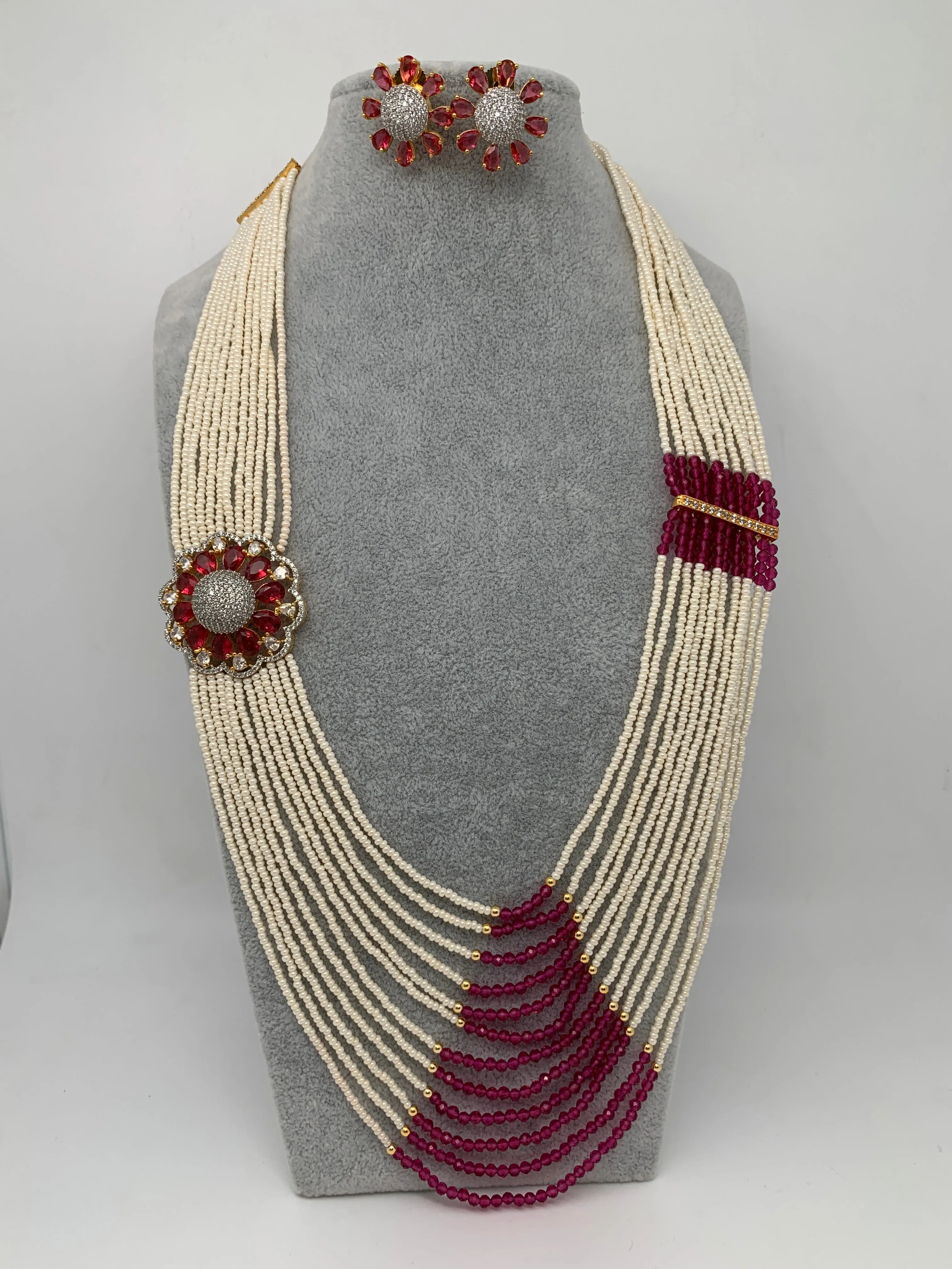 Small Pearl Rani Haar with CZ Wine Red Stone Side Pendent