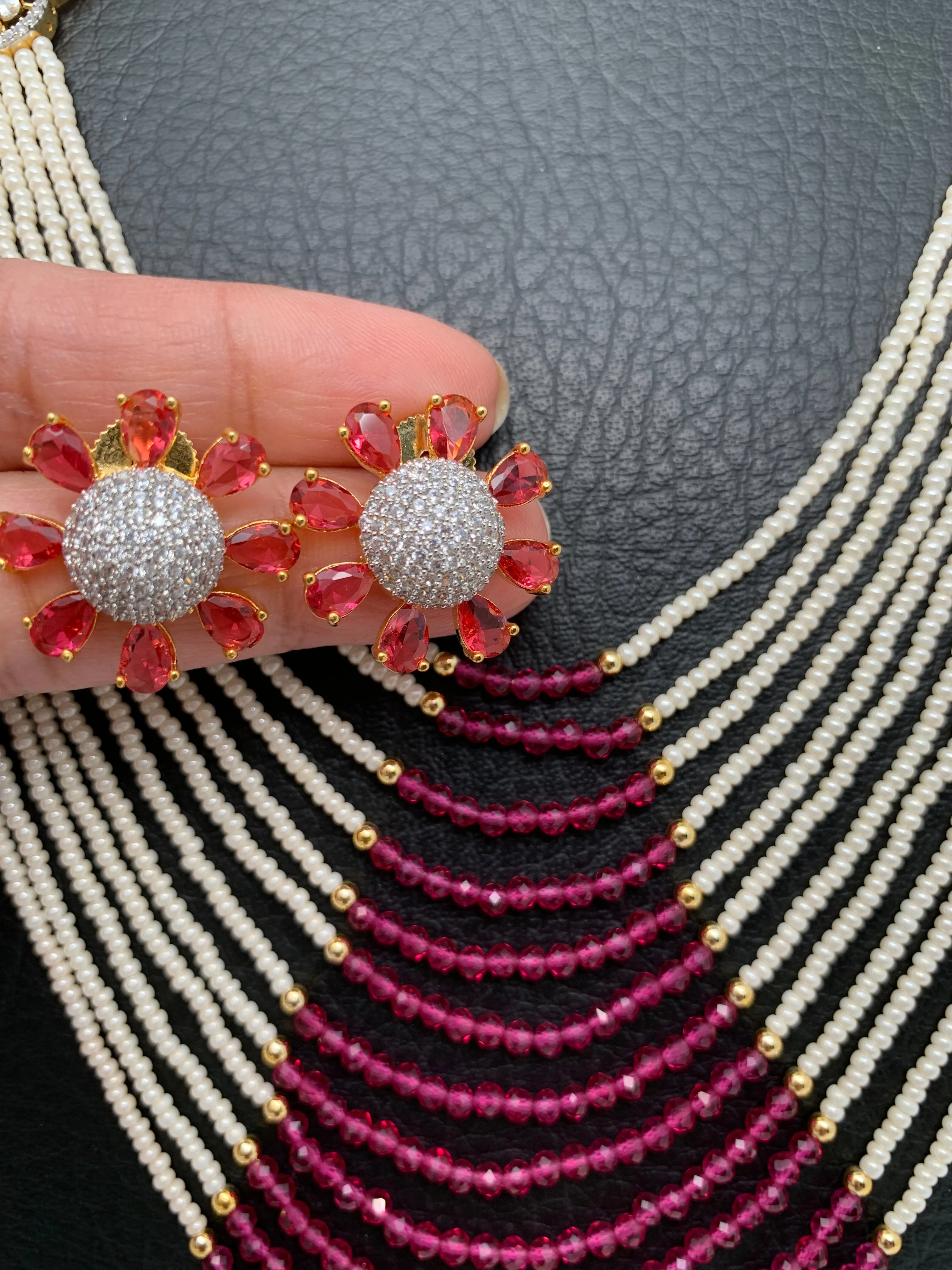 Small Pearl Rani Haar with CZ Wine Red Stone Side Pendent