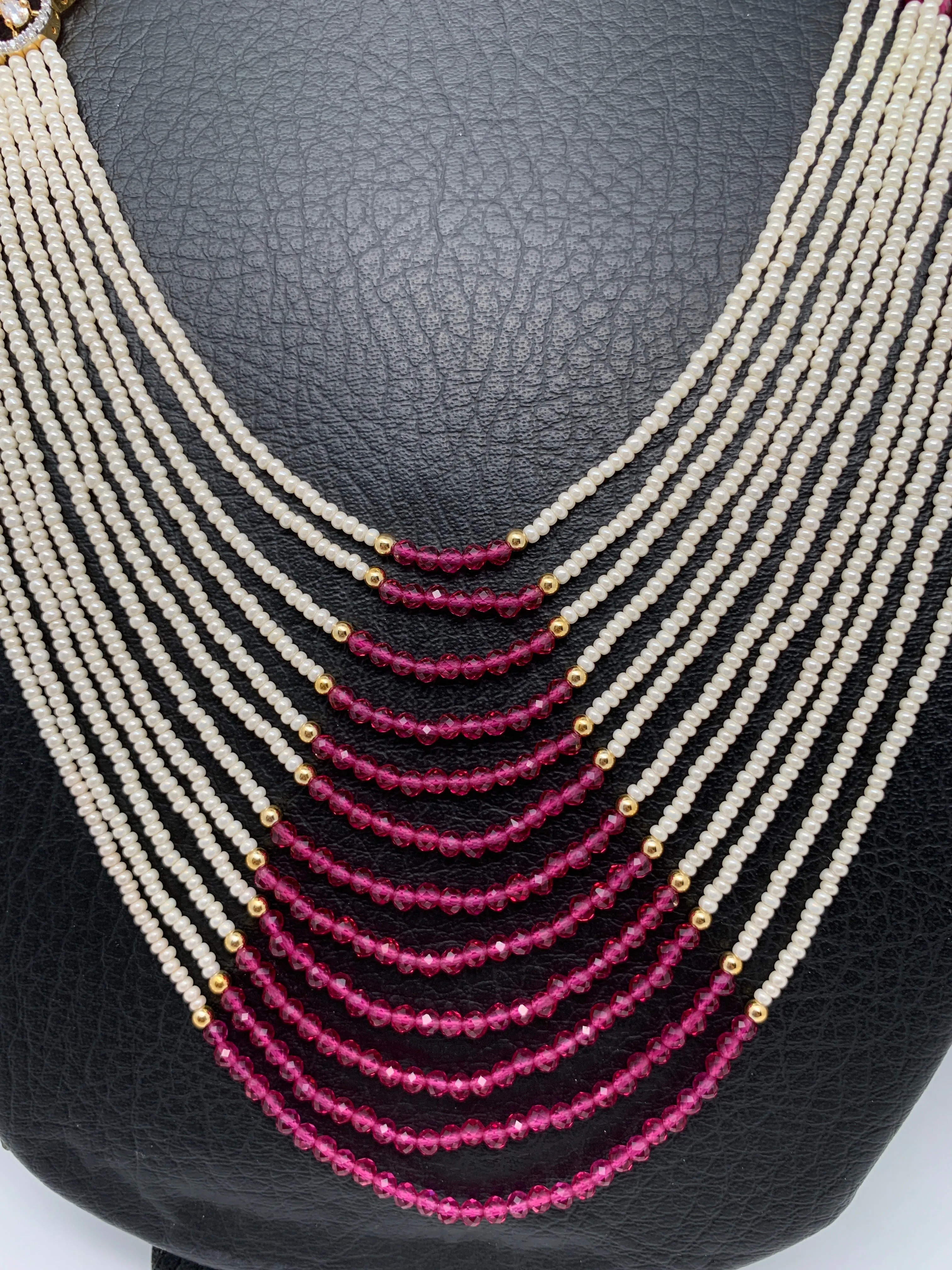 Small Pearl Rani Haar with CZ Wine Red Stone Side Pendent