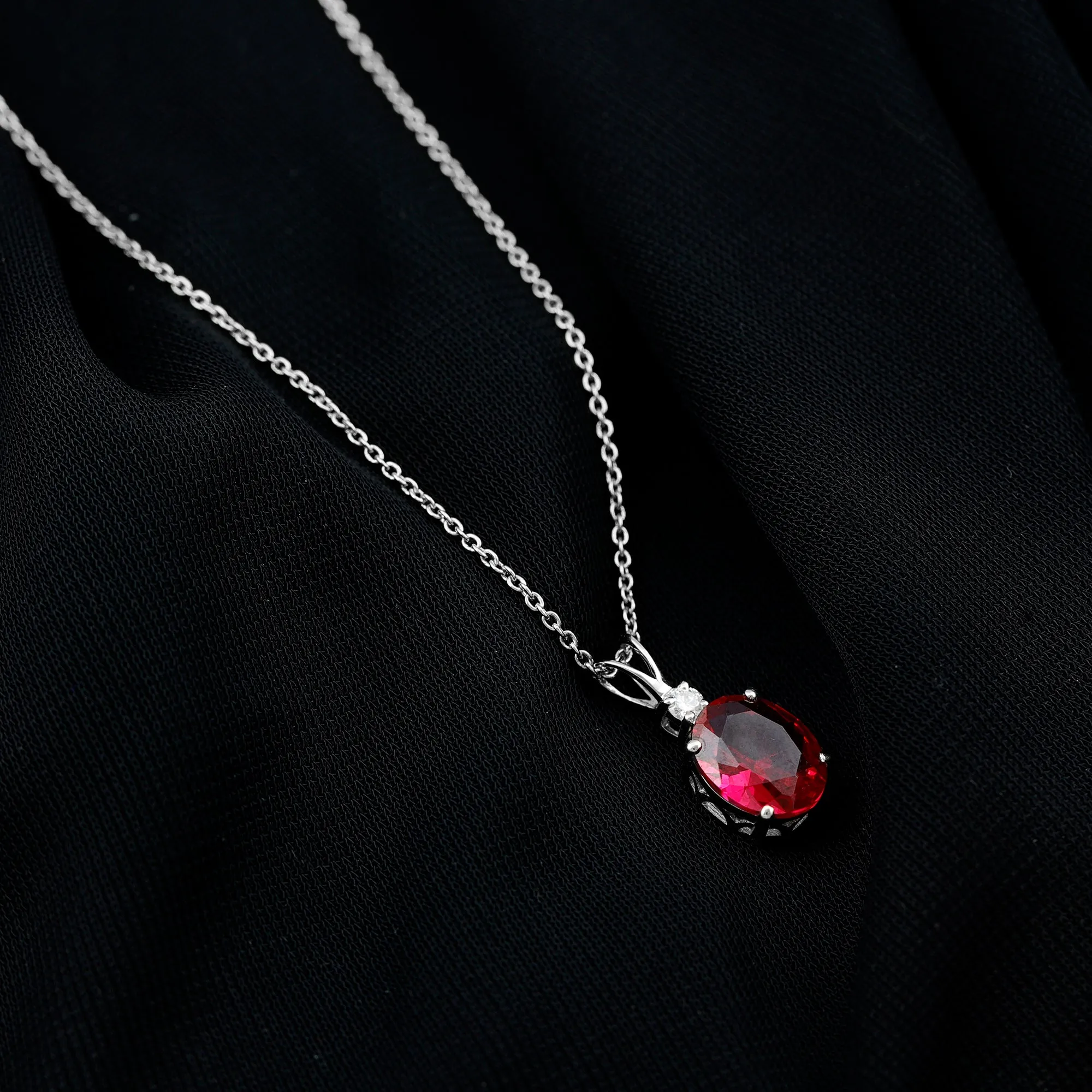 Solitaire Created Ruby Oval Pendant with Moissanite