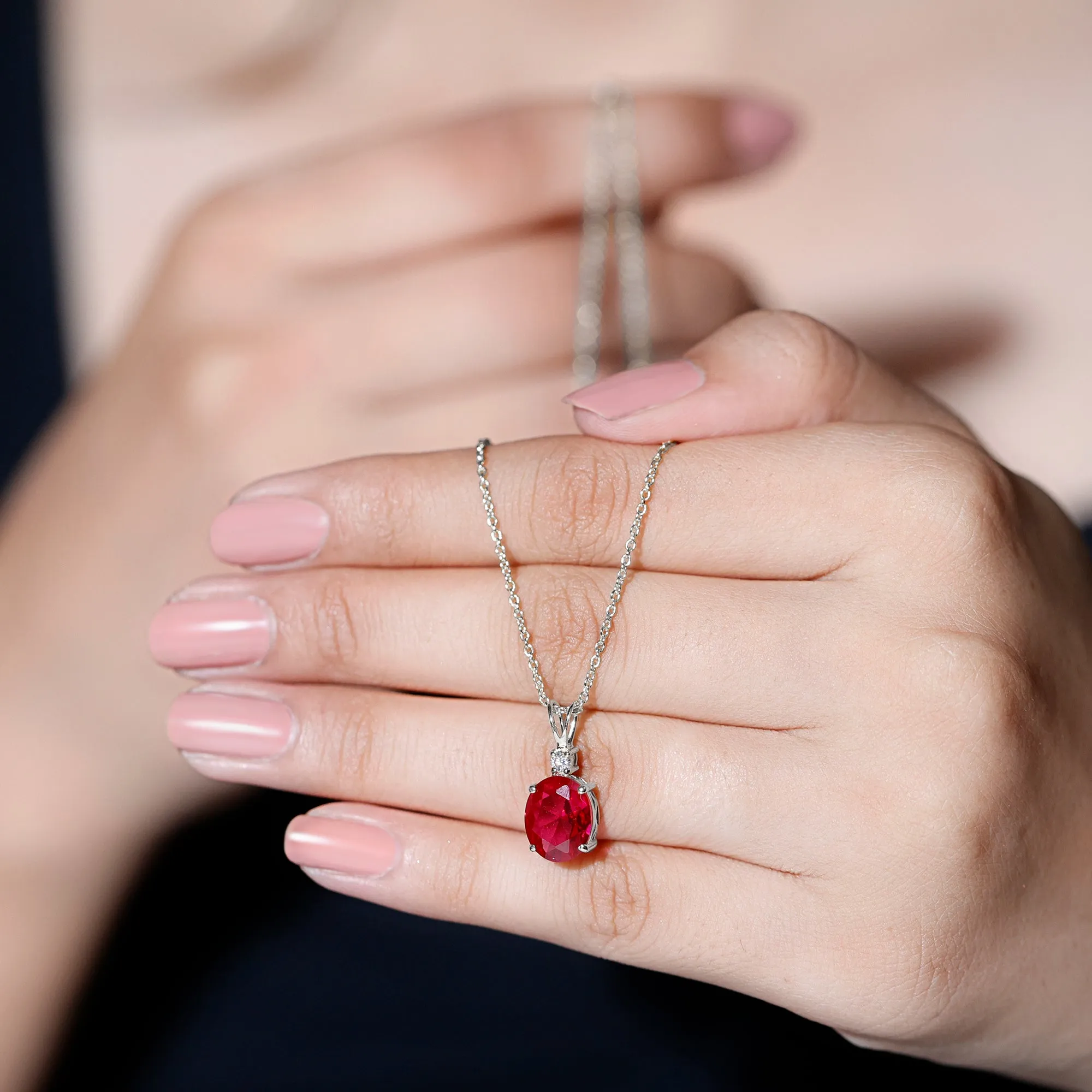 Solitaire Created Ruby Oval Pendant with Moissanite