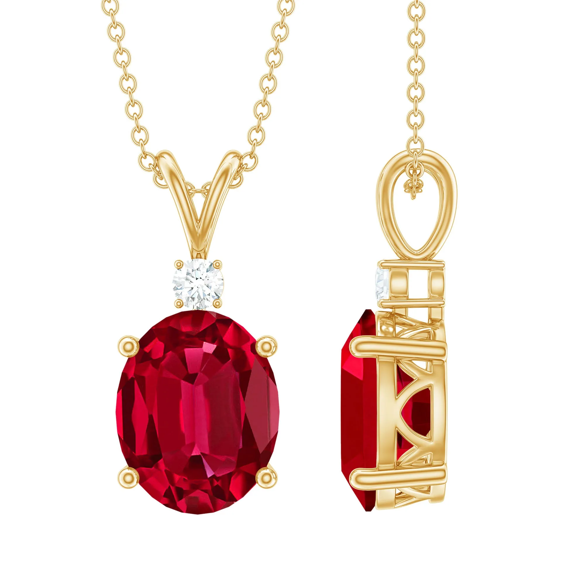 Solitaire Created Ruby Oval Pendant with Moissanite