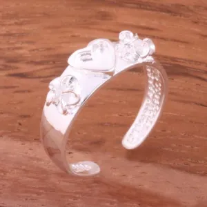 Sterling Silver 2 Plumeria with CZ and Heart Toe Ring 6mm