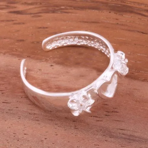 Sterling Silver 2 Plumeria with CZ and Heart Toe Ring 6mm