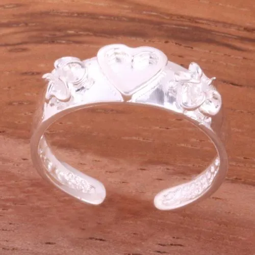 Sterling Silver 2 Plumeria with CZ and Heart Toe Ring 6mm