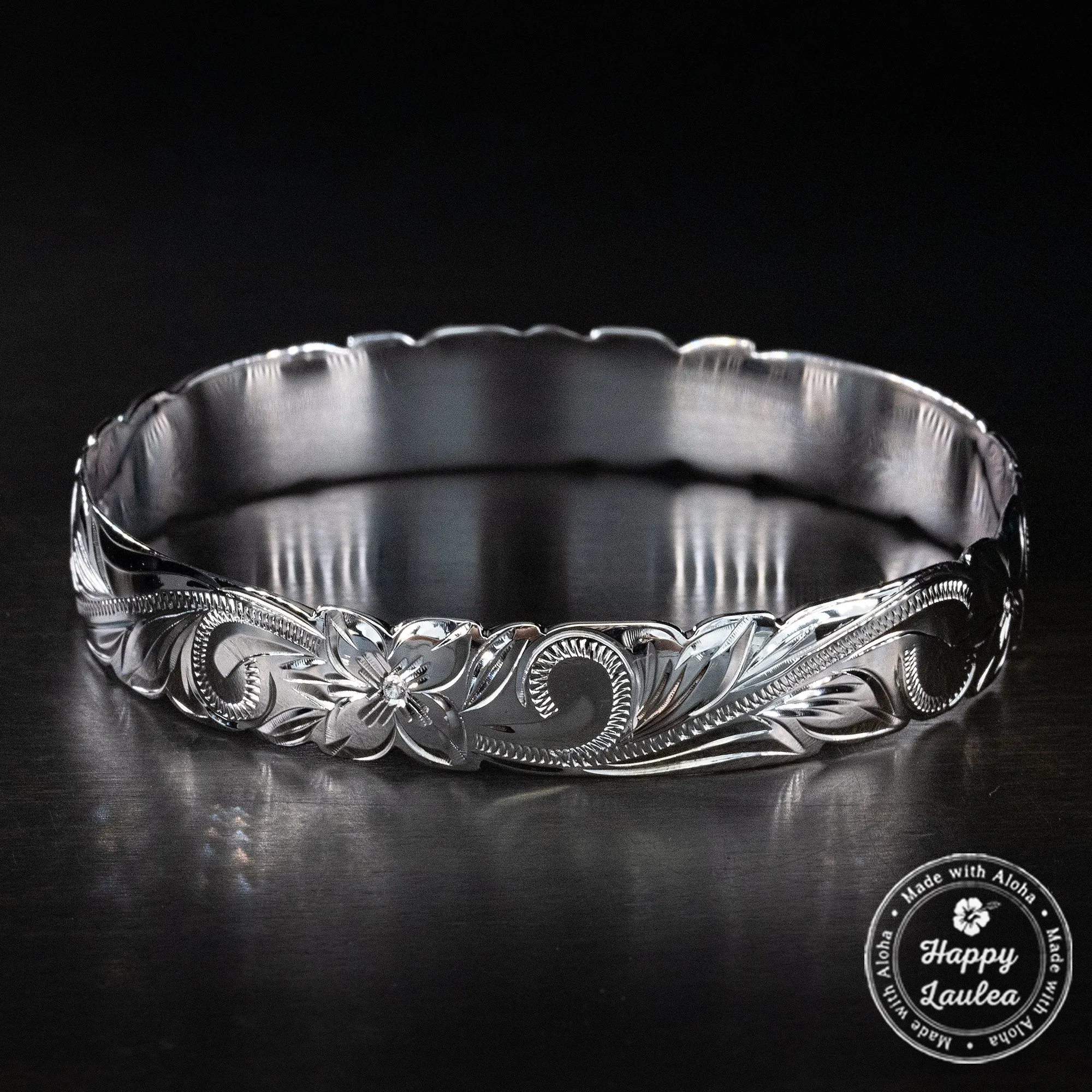 Sterling Silver Bangle with Cutout Wave Edges [10mm] Hand Engraved Hawaiian Heritage Design