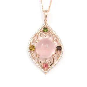Sterling Silver Natural Cabochon Rose Quartz Tourmaline Necklace With CZ
