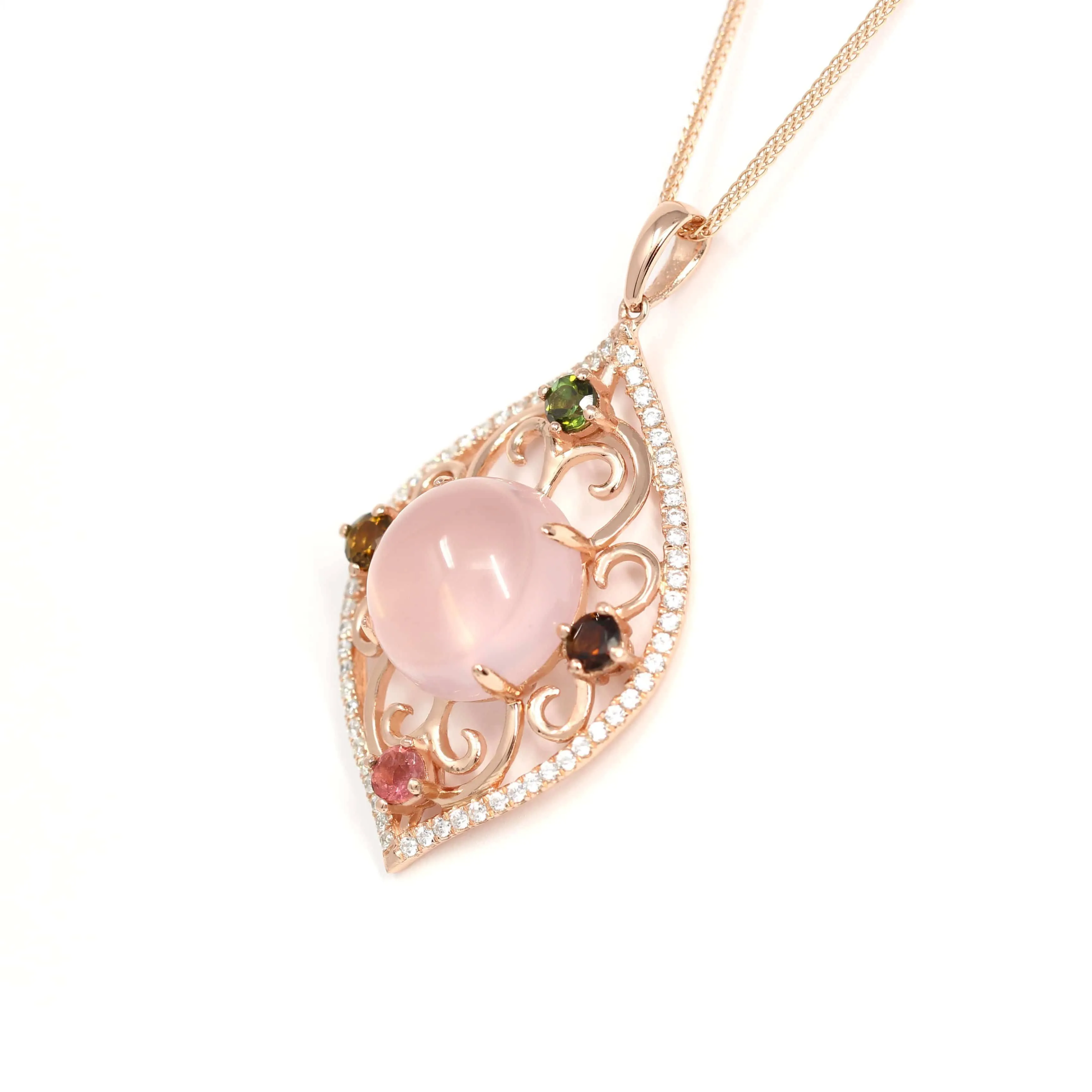 Sterling Silver Natural Cabochon Rose Quartz Tourmaline Necklace With CZ